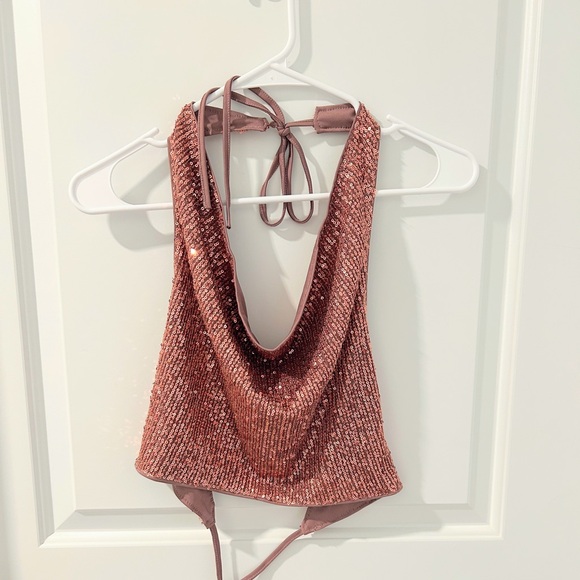 Pink Sequin Sleeveless Halter Crop Top - Picture 3 of 6